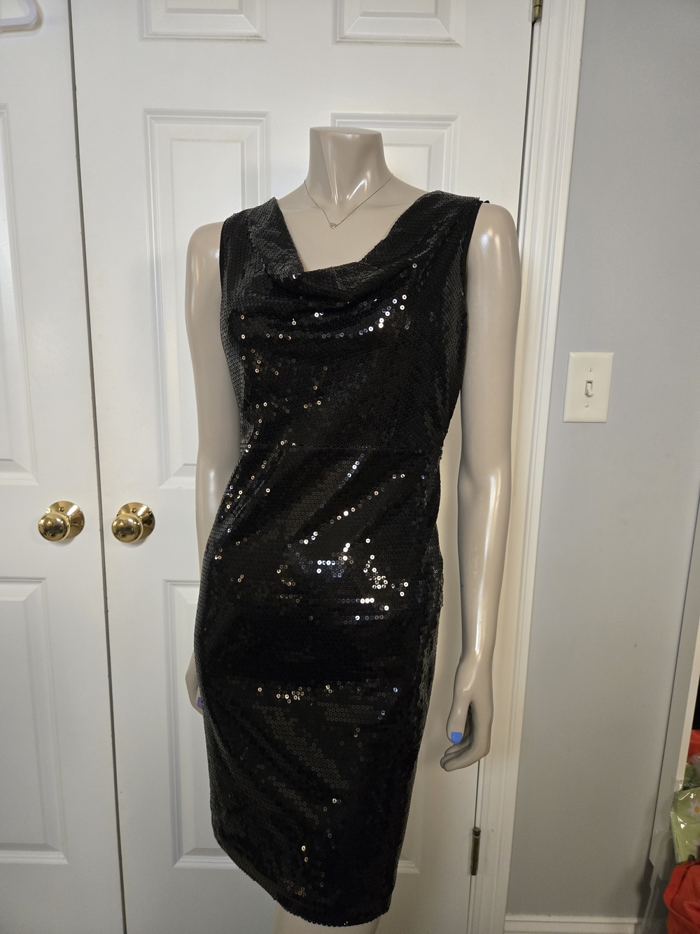 Cynthia Rowley Black Sequin Cowl Neck Midi Dress